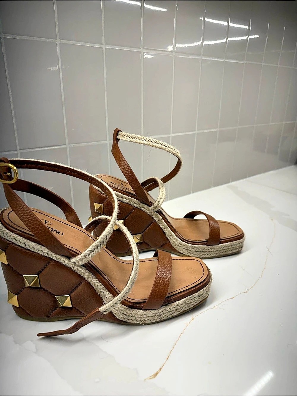 Valentino Rockstud Espadrille Sandals in Brown & Cream